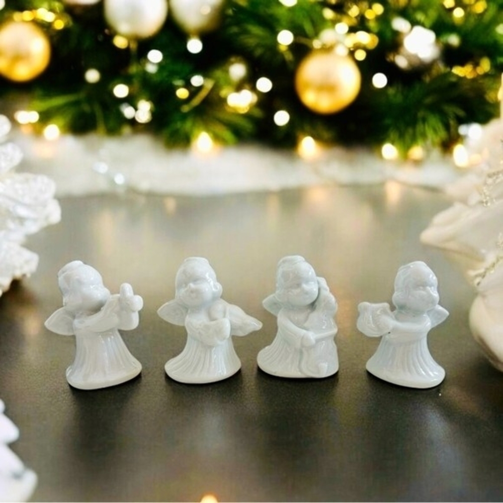 Set 4 White Ceramic Angel Musician Figurines 3" Handmade Christmas Tabletop EXC